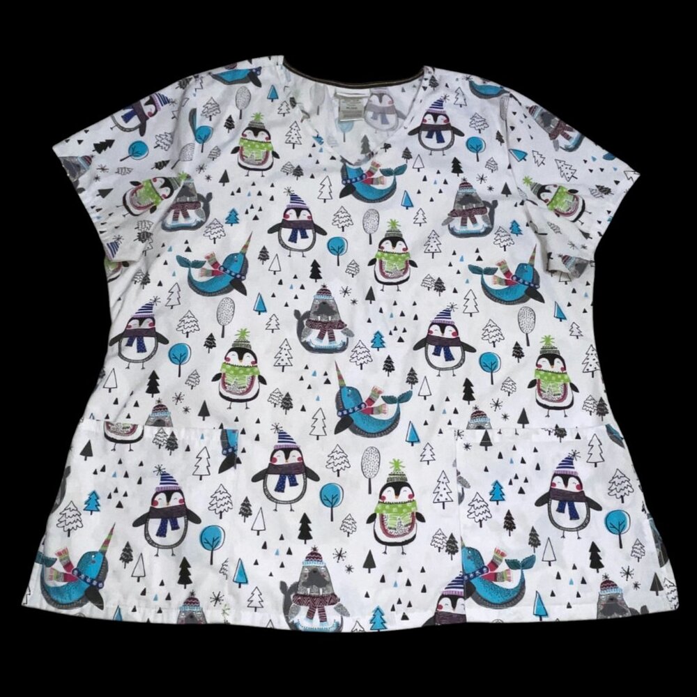 Scrub Top Holiday Christmas Winter Wonderland Penguins Narwhal Penguin Size XL